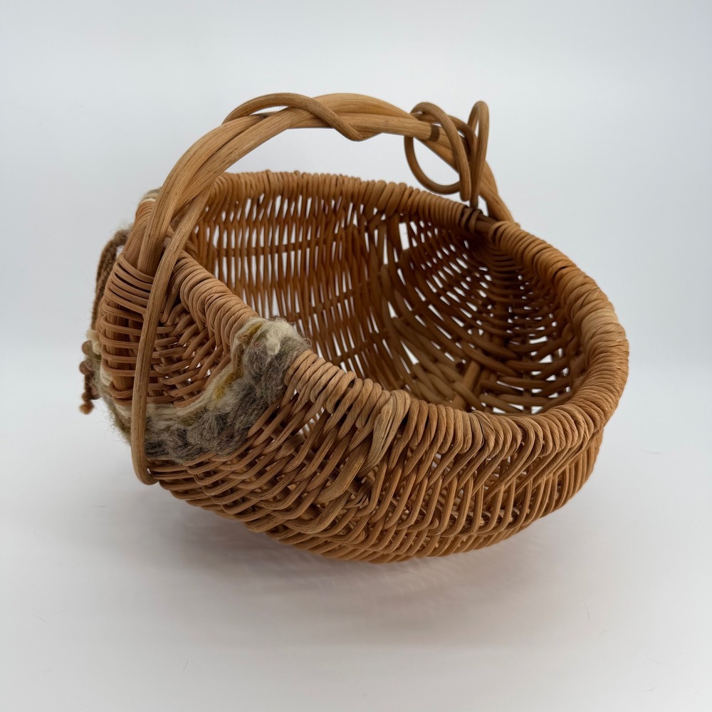 Vintage Woven Rattan Wicker Basket Twisted Handle Beaded Tassel Cottage Boho